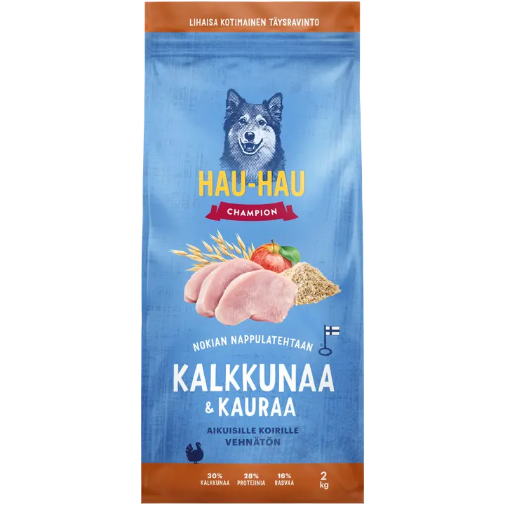 Hau-Hau Champion Nokian Nappulatehtaan Kalkkunaa & kauraa täysravinto aikuisille koirille 2 kg