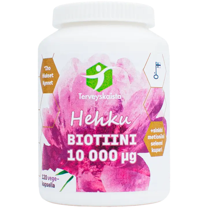 Terveyskaistan Hehku Biotiini 10 000 mcg +Sinkki+Metioniini+Kupari+Seleeni ravintolisä 120 kaps.