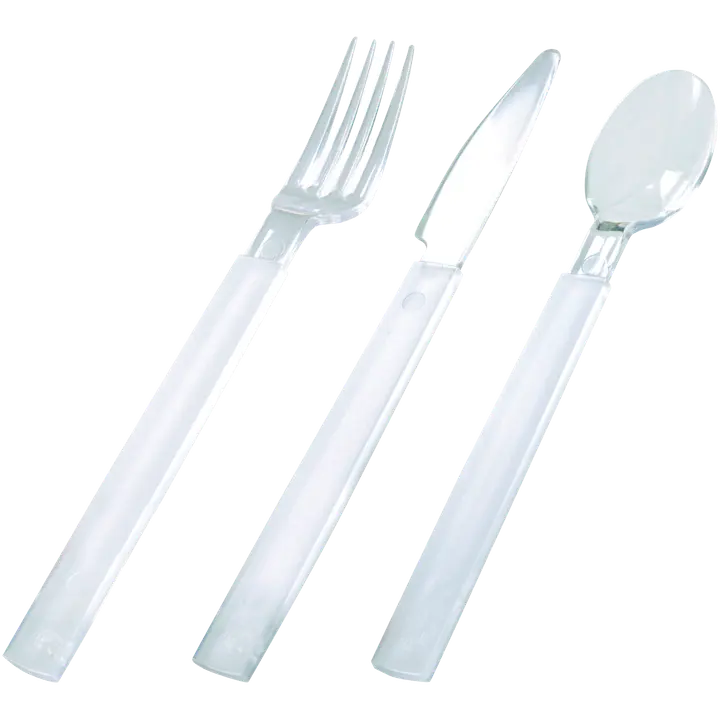 Clear Aterinpakkaus, 6 haarukkaa, 6 veistä & 6 lusikkaa uudelleen käytettävä 18,5/19/18,5 cm Läpinäkyvä, 270 kpl/ltk (15 x 18 kpl)