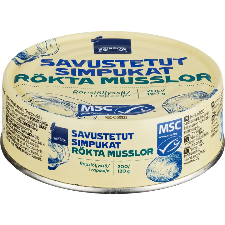 Rainbow 200/120g savustetut simpukat rapsiöljyssä MSC
