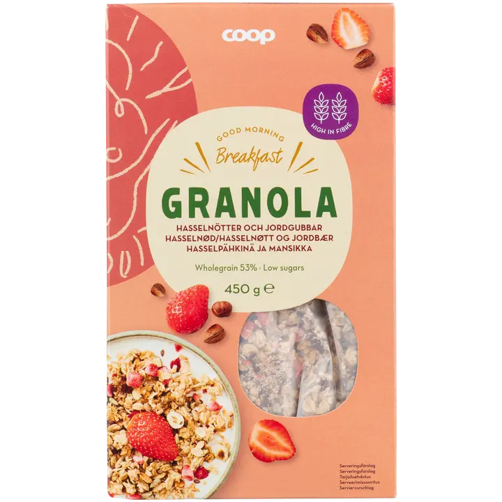 Coop granola hasselpähkinä ja mansikka 450 g