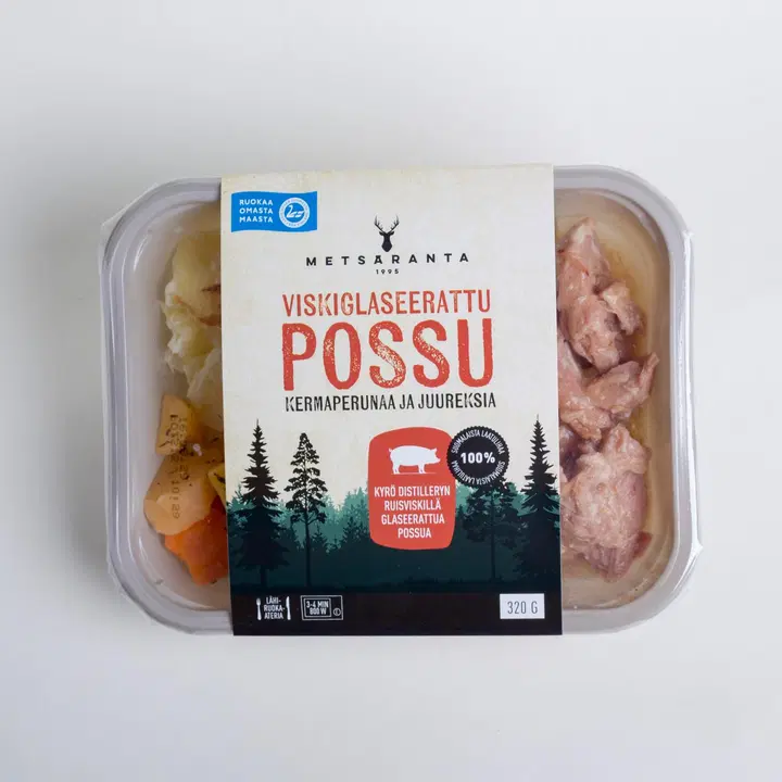Metsäranta viskiglaseerattu possu, kermaperunat ja paahdetut juurekset 320g