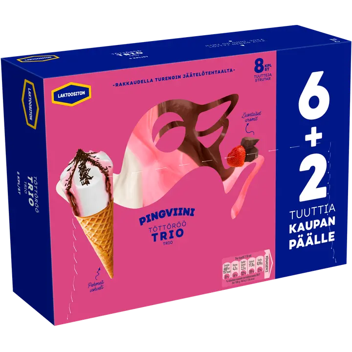 Pingviini Trio Laktoositon jäätelötuutti monipakkaus 8x67g