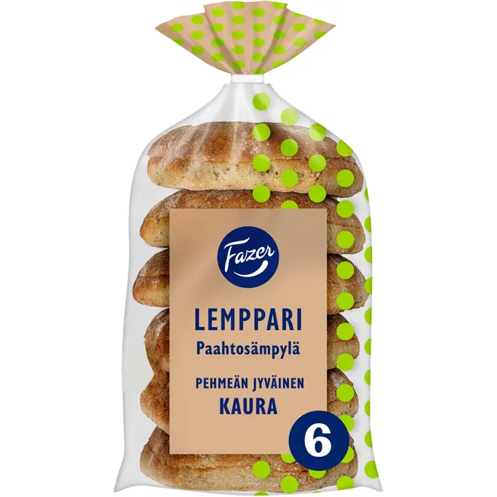 Fazer Lemppari Paahtosämpylä Pehmeän jyväinen kaura 6kpl 330g, moniviljasämpylä