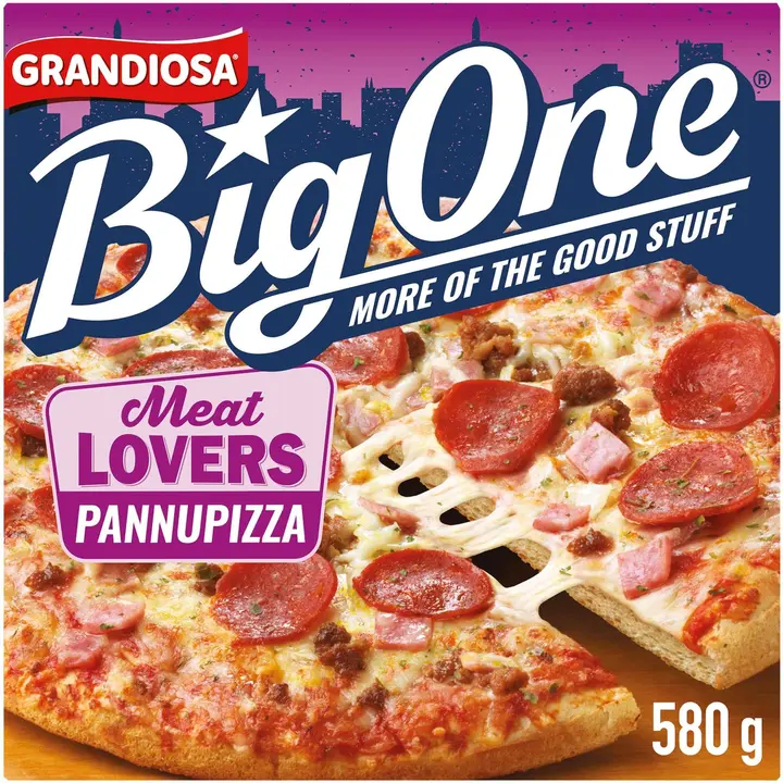 Grandiosa BigOne pan pizza meat lovers, juustoa, jauhelihaa, chorizoa ja kinkkua 580g