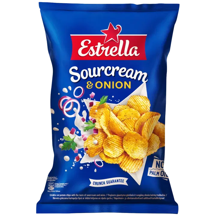 Estrella hapukoore- ja sibulamaitselised sakilised kartulikrõpsud 130 g