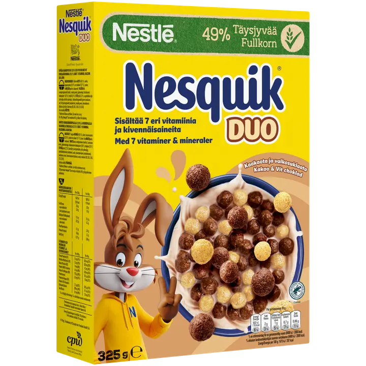 Nestlé Nesquik Duo 325g kaakaomuroja ja valkoisella suklaalla kuorrutettuja muroja