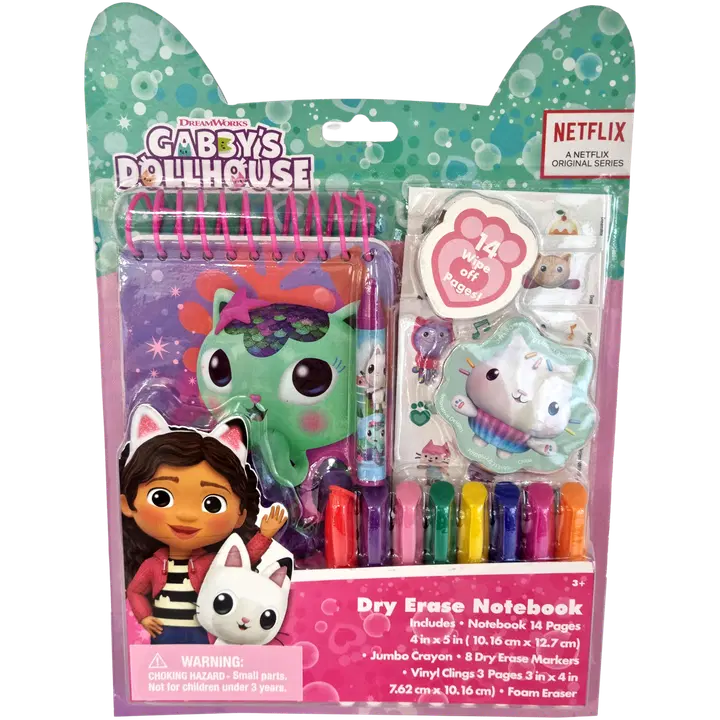 Gabby's Dollhouse Dry erase set, sis. muistikirja, värivahaliitu, 8 dry erase tussia, 3 vinyylitarra-arkkia ja pyyhin