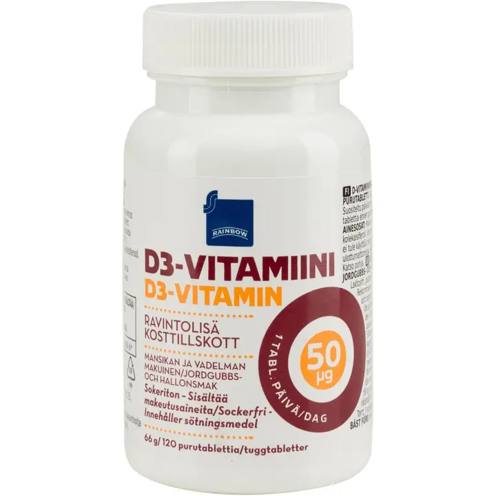 Rainbow D3-vitamiini 50μg ravintolisä 66g/120 purutablettia mansikan- ja vadelmanmakuinen