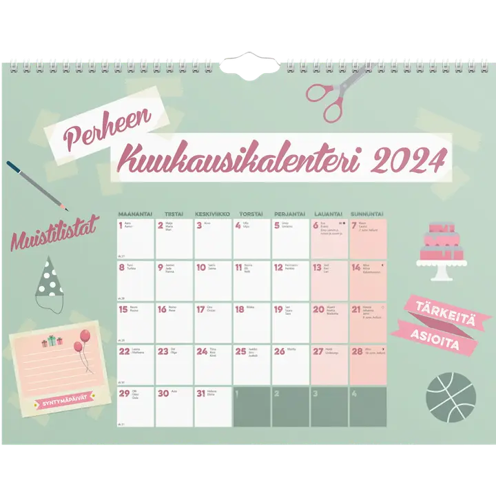 Burde perhekalenteri 2024 Perheen kuukausikalenteri