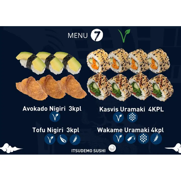 Itsudemo Sushibar sushi box, 3*avokado nigiri, 3*tofu nigiri, 4*kasvis uramaki, 4* wakame uramaki
