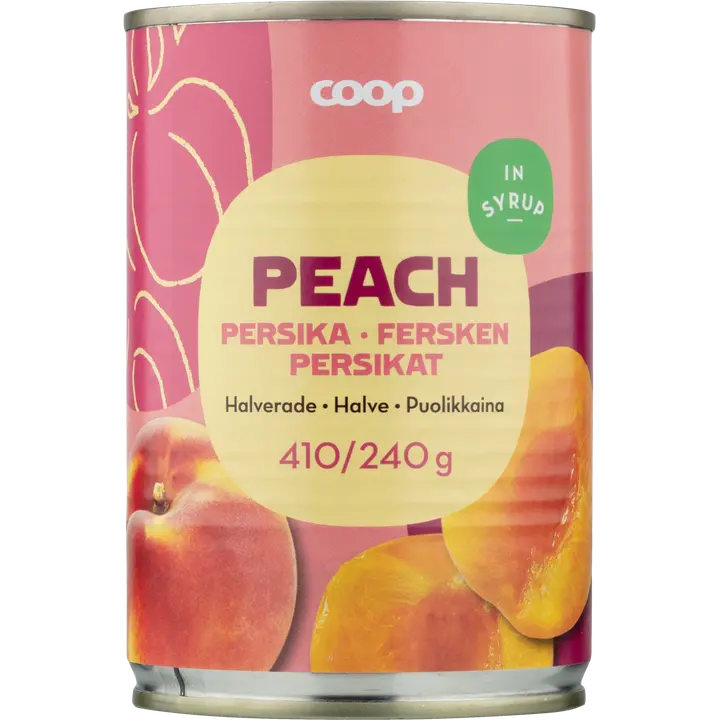 Coop persikat puolikkaina sokeriliemessä 410/240 g