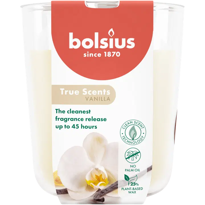 Bolsius True Scents – tuoksukynttilä lasissa – Vanilla – norsunluu – suuri