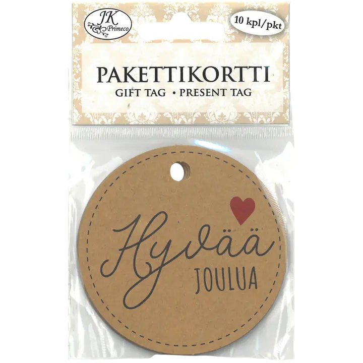 J.K. Primeco Pakettikortti pyöreä Jouluteksti musta-ruskea 10kpl