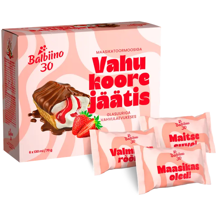 Balbiino vahukoorejäätis maasikatoormoosiga vahvlilaevukeses 6x130ml/70g