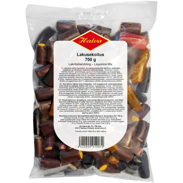 Halva Lakusekoitus 700 g Salmiakin-, sitruunan- ja vadelmanmakuisia täytelakritseja,mangolakritsia, mansikkalakritsia ja mustaa lakritsia.
