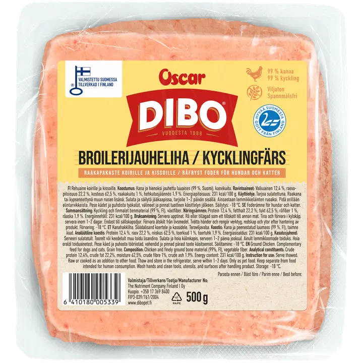DIBO Broilerijauheliha raakapakastettu täydennysravinto koirille ja kissoille 500 g