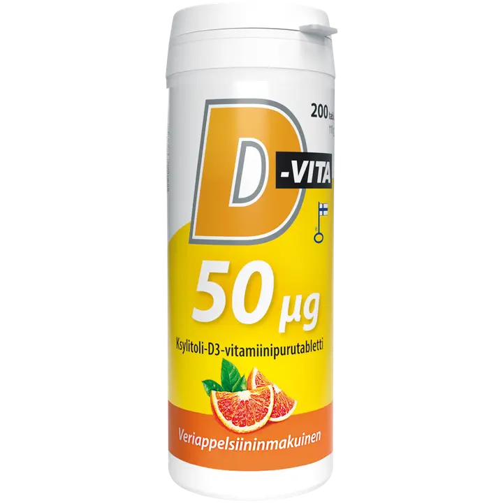 D-Vita 50 µg veriappelsiininmakuinen 200 tabl ksylitoli-D3-vitamiinipurutabletti, Vitabalans