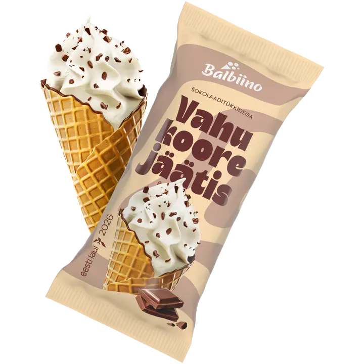 Balbiino Vahukoorejäätis Šokolaaditükkidega Vahvlikoonuses 85 g