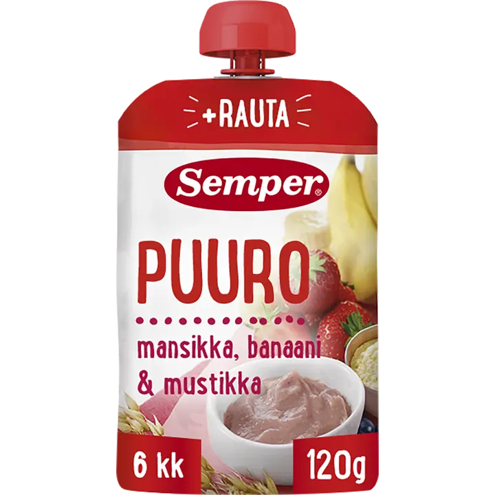 Semper Puuro Mansikka banaani & mustikka 6kk käyttövalmis lastenpuuro 120g