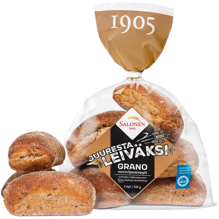 Leipomo Salonen Juuresta leiväksi Grano moniviljasämpylä 5/325 g Moniviljasämpylä