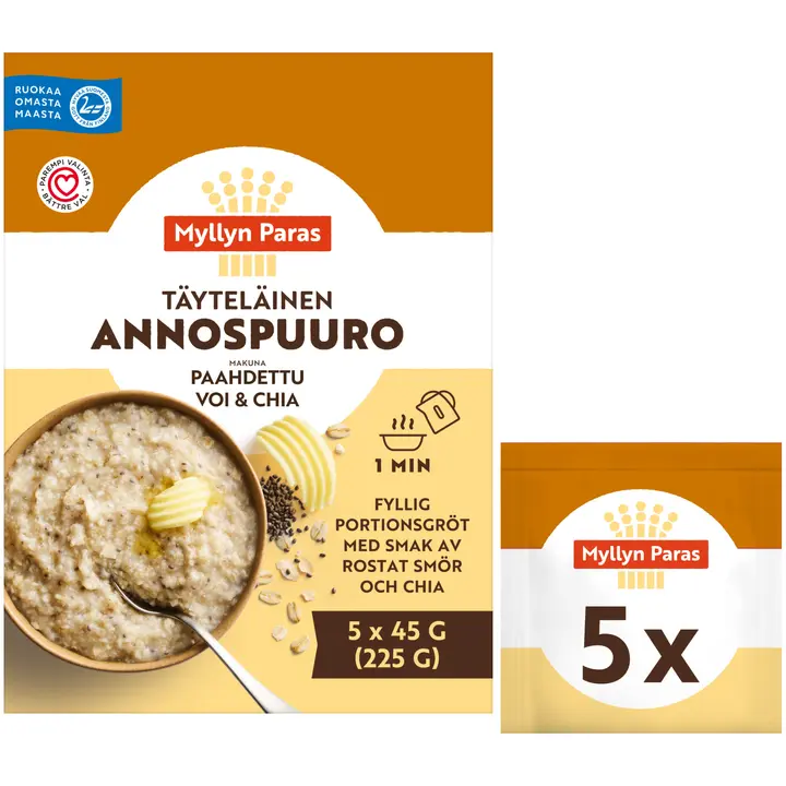 Myllyn Paras Täyteläinen Annospuuro Makuna Paahdettu Voi & Chia 5x45g