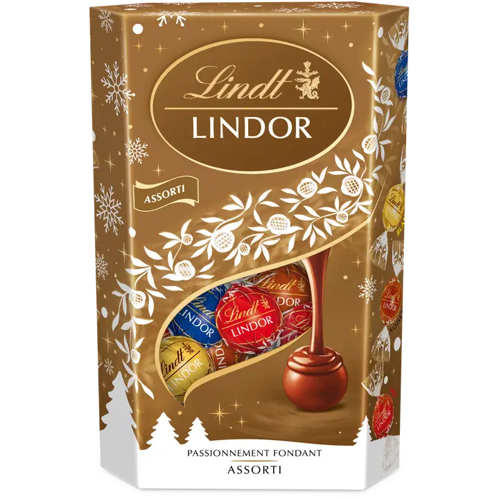 Lindt LINDOR Joulu Maito valko hasselpähkinä tumma 45% suklaakuula pehmeällä täytteellä 337g