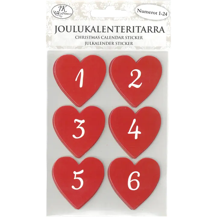 J.K. Primeco joulukalenteritarra sydämet punainen 4ark
