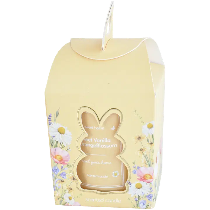Lasikynttilä 7,5x8 cm paketissa keltainen, tuoksu Sweet Vanilla/Orange Blossom