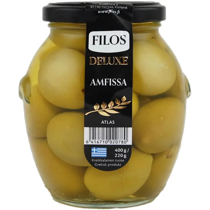 Filos Deluxe rohelised Amfissa oliivid kividega 400/220 g