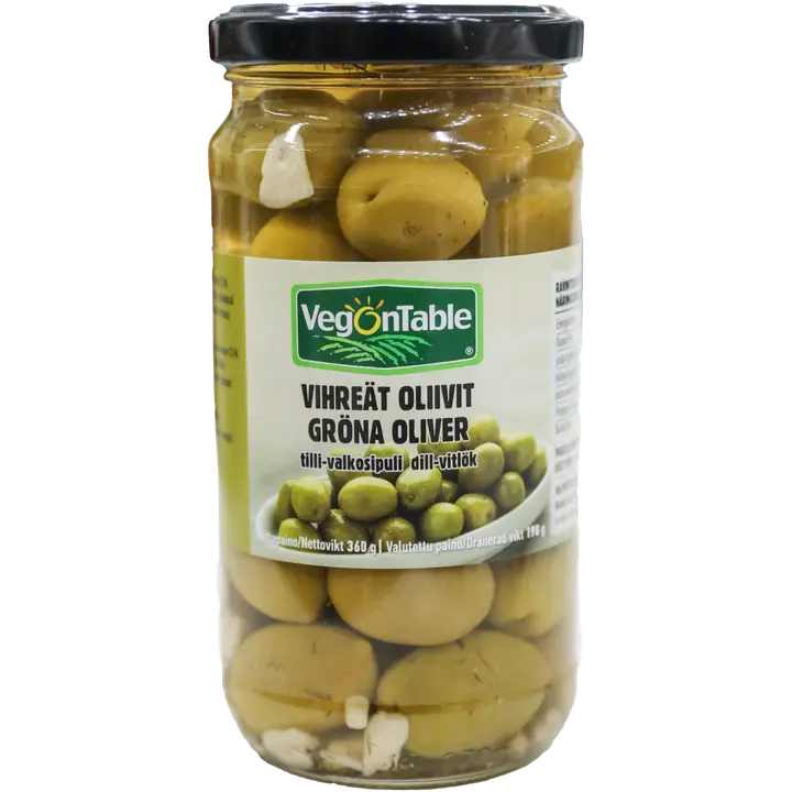 VegOnTable vihreät oliivit tilli-valkosipuli 360 g / 190 g