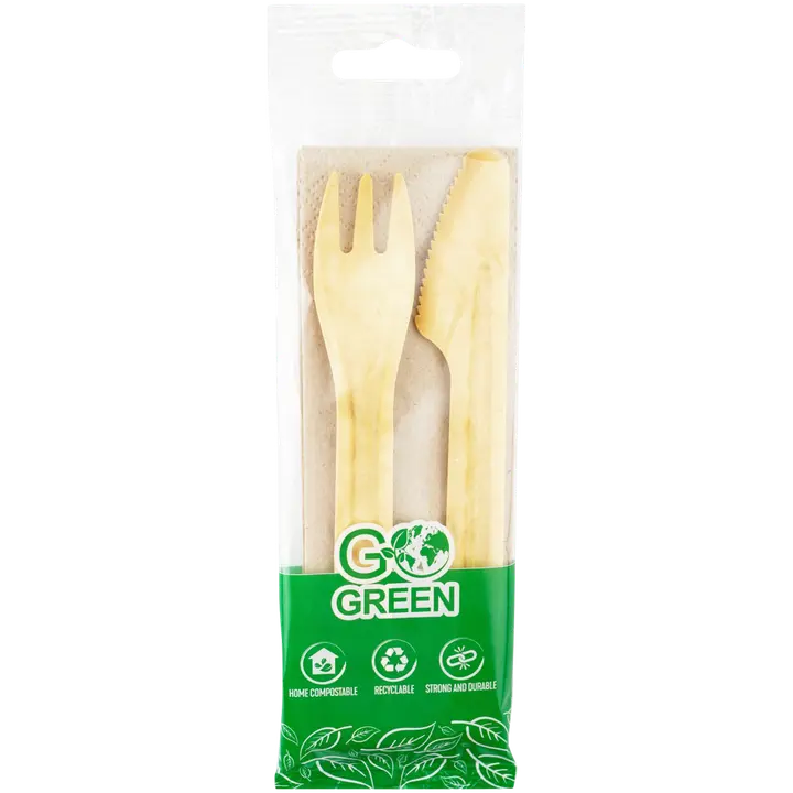 Go Green ühekordsete söögiriistade komplekt (kahvel, nuga, salvrätik)