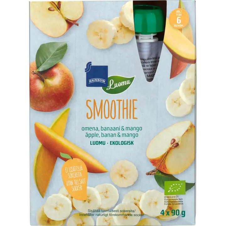 Rainbow smoothie omena, banaani & mango luomu 360 g 4-pack 6 kk