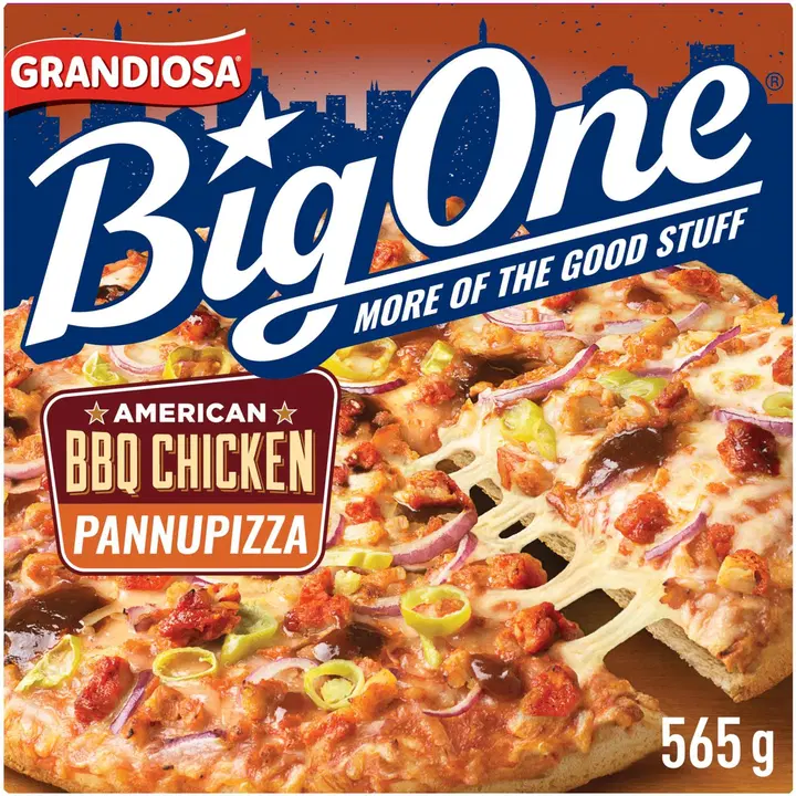 Grandiosa BigOne pan pizza BBQ chicken, kyckling, barbequesås, rödlök fryst 565g