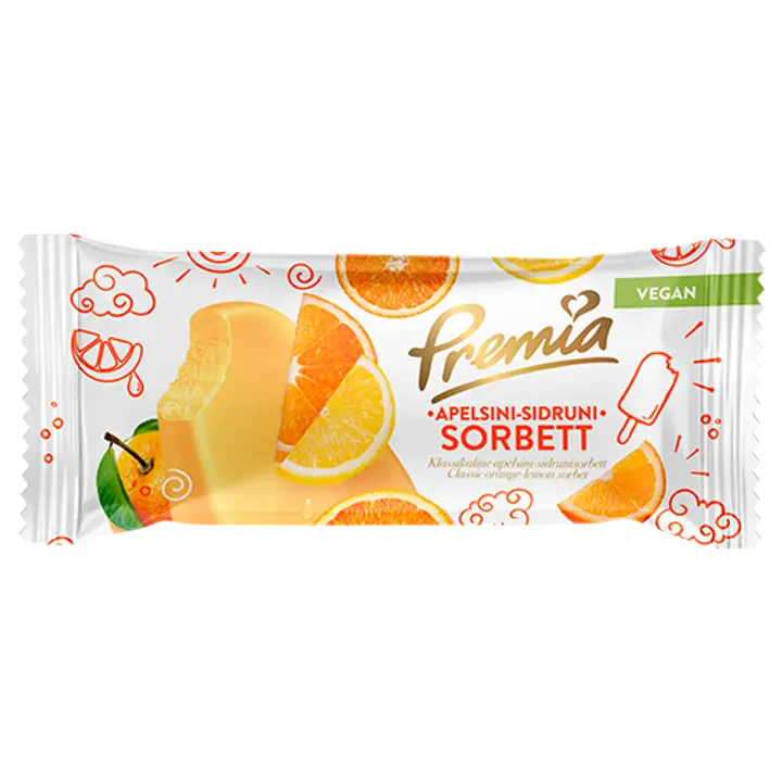 Premia apelsini-sidrunisorbett, vegan 73g/80ml