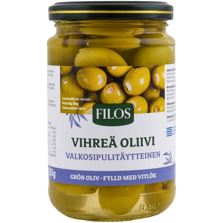 Filos vihreä kivetön valkosipulitäytteinen oliivi 300/165g