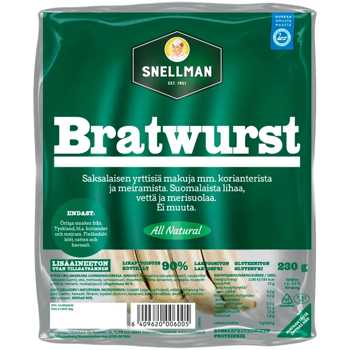 Snellman All Natural Bratwurst grillimakkara 230g