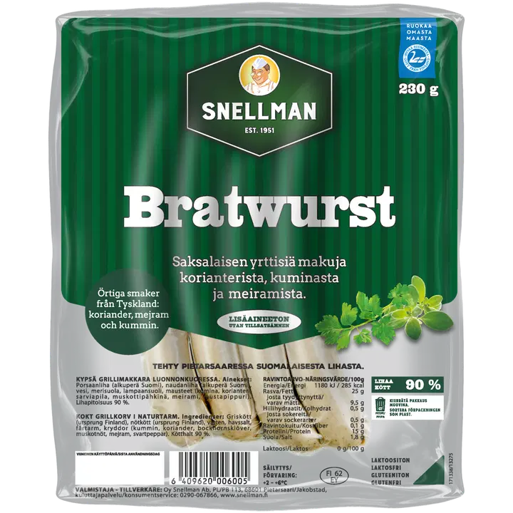 Snellman All Natural Bratwurst grillimakkara 230g