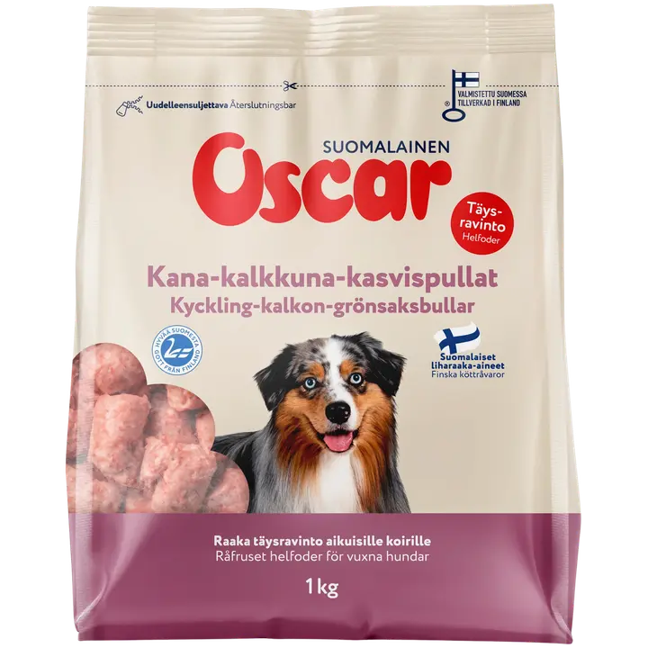 Oscar Kana-kalkkuna-kasvispullat raakapakastettu täysravinto koirille 1kg