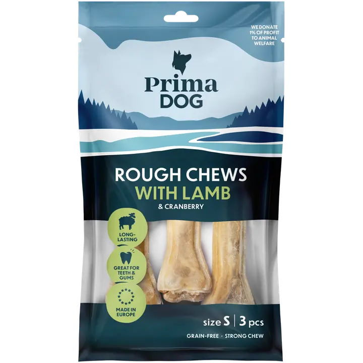 PrimaDog Rough Chews Lammas-Karpalo, täytetty puruluu S 10 cm, 3 kpl, 105 g