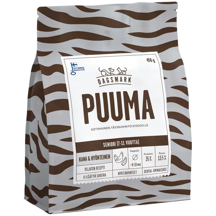 Dagsmark PUUMA kana, hyönteinen viljaton täysravinto kissan kuivaruoka steriloiduille, ikääntyville ja keventäville kissoille 450 g