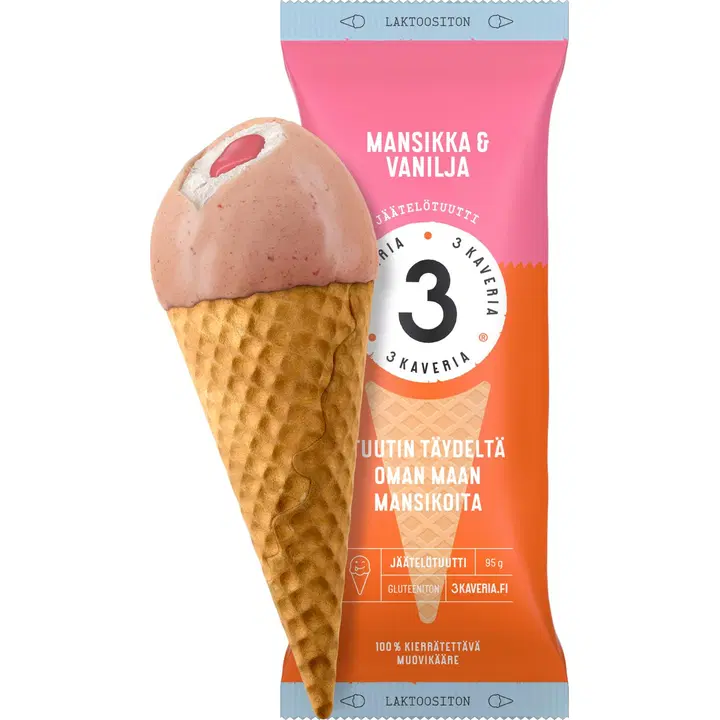 3 Kaveria Laktoositon Mansikka & Vanilja jäätelötuutti 150ml/95g
