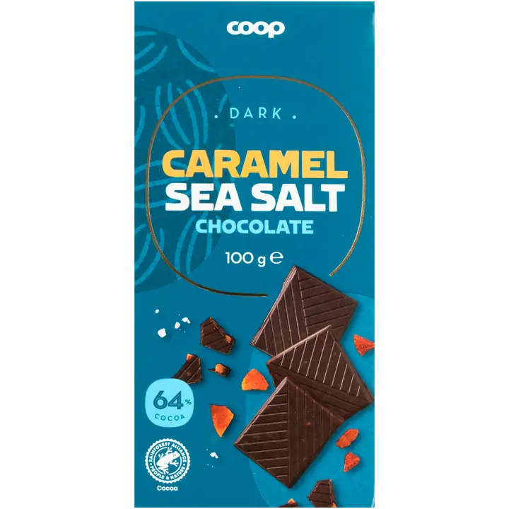 Coop tumma suklaa 64 % kinuski ja merisuola 100 g