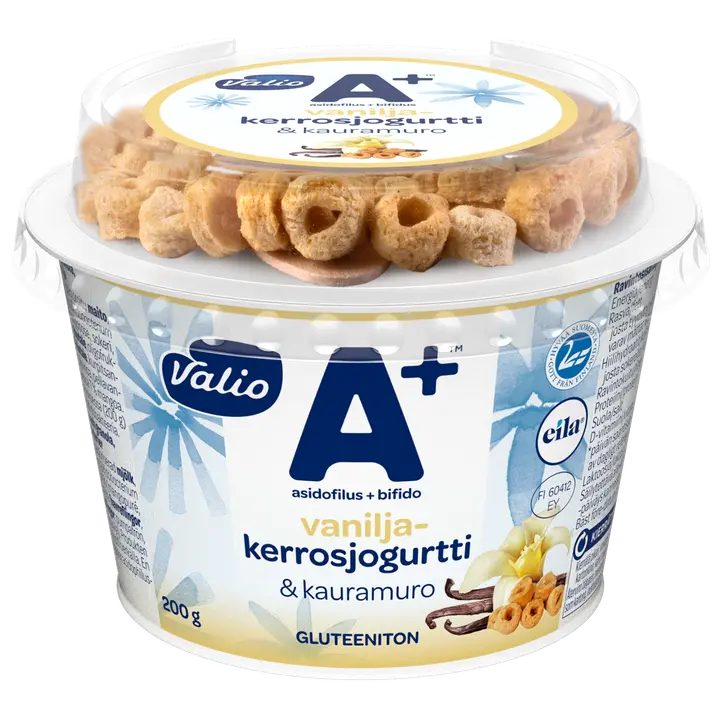 Valio A+™ vaniljakerrosjogurtti ja kauramuro 200 g laktoositon gluteeniton