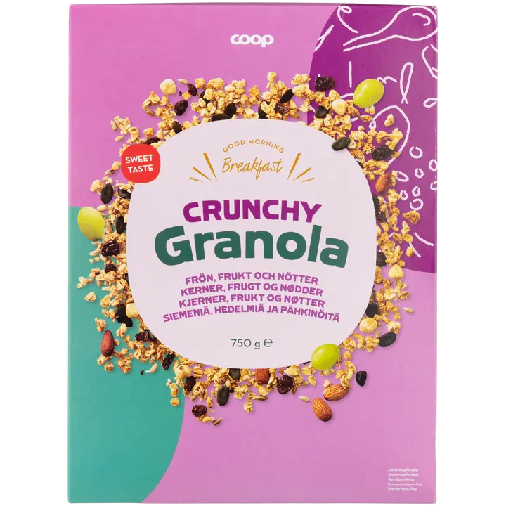Coop crunchy granola siemeniä, hedelmiä ja pähkinöitä 750 g