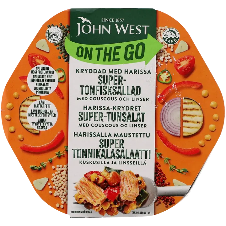 John West On The Go Harissalla maustettu super tonnikalasalaatti kuskusilla ja linsseillä 220g