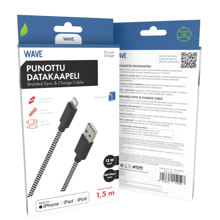 Datakaabel Apple lightning(mfi) 1,5 m, must/valge