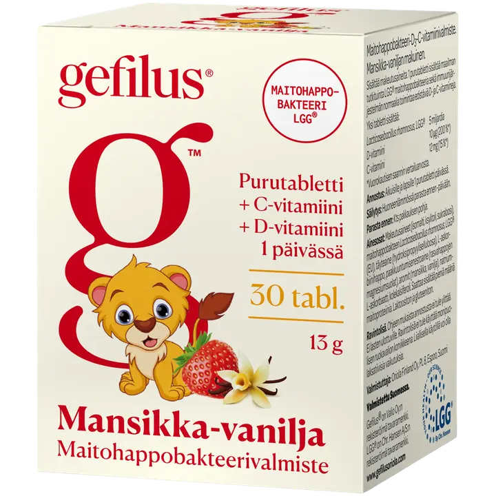 Gefilus mansikka maitohappobakteeri-D3-C-vitamiinivalmiste purutabletti 30tabl 13g gravintolisä