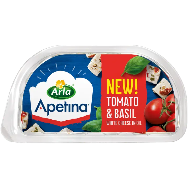 Arla Apetina 100/60g snack salaattijuusto kuutioina ja tomaatti-basilika öljymarinadissa.