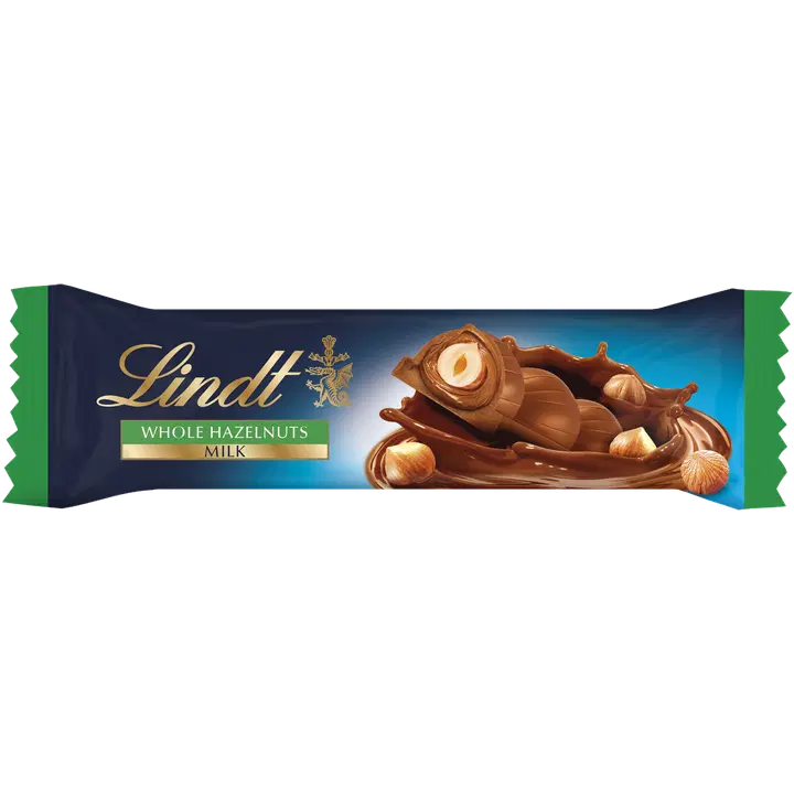 Lindt maitosuklaapatukka hasselpähkinätäytteellä ja kokonaisilla hasselpähkinöillä 35g
